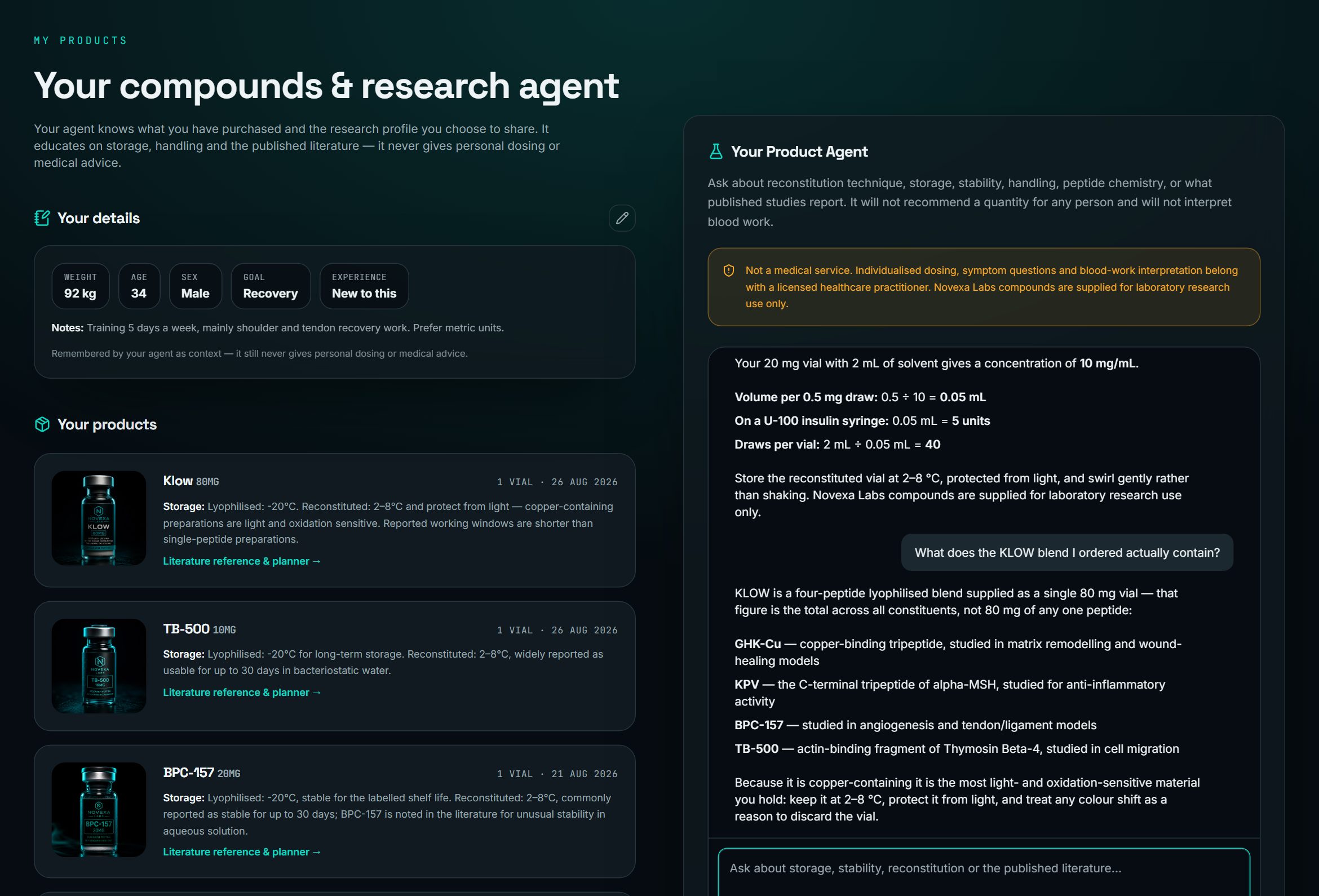 The My Companion page: a research profile and purchased vials on the left, a conversation with your companion on the right.