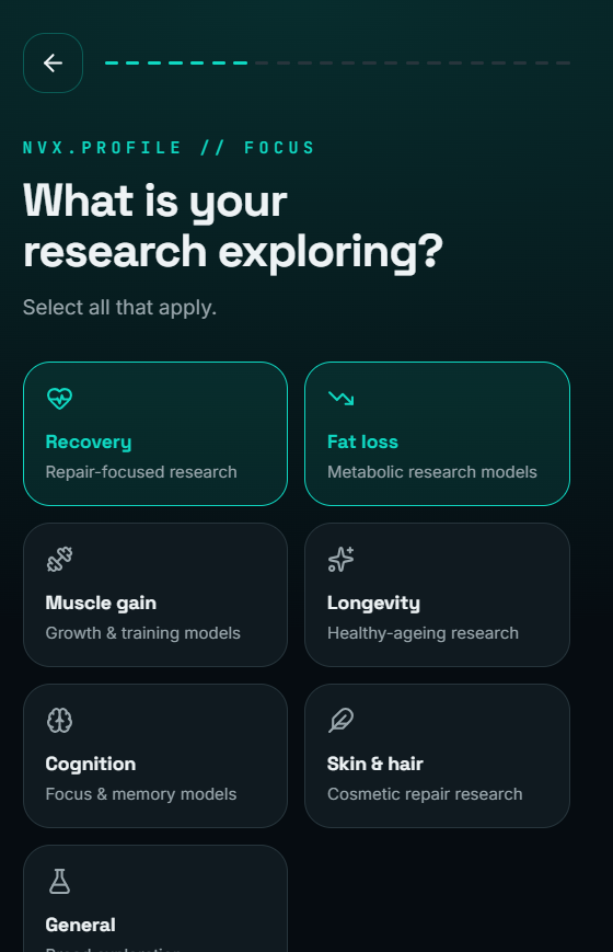 Research focus selection screen with selectable topic cards