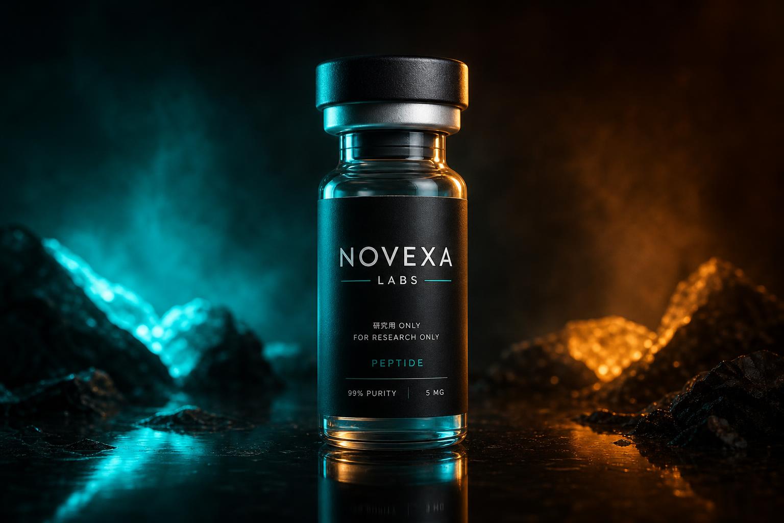 Novexa Labs research peptide vial under aurora lighting
